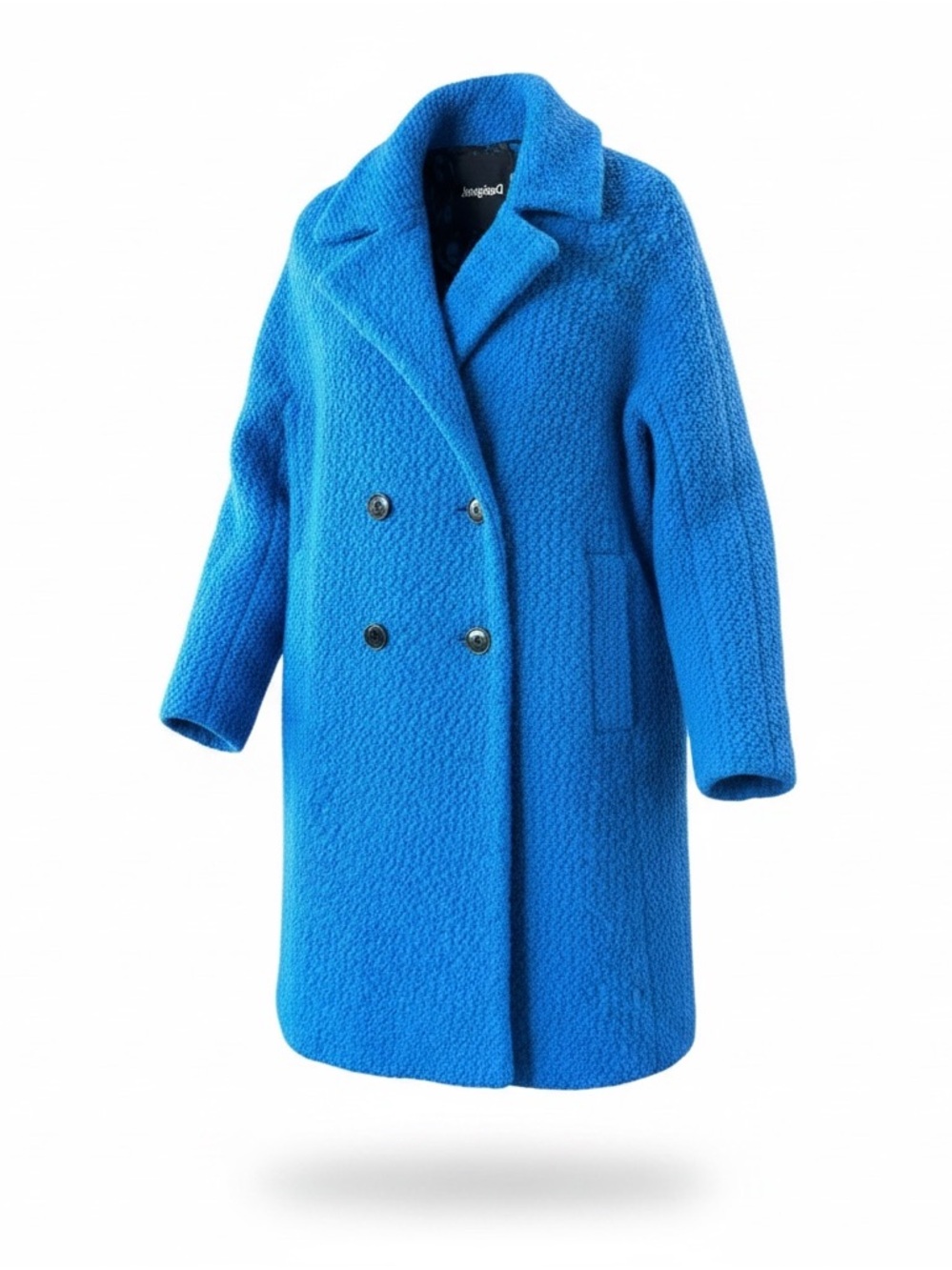 Desigual Bold Royal Blue Double-Breasted Bouclé Pea Coat